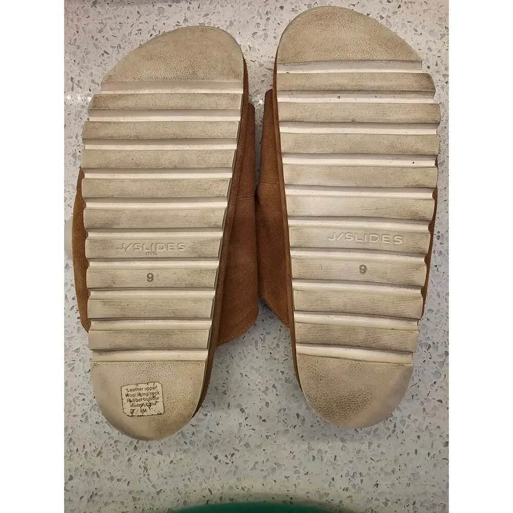 Anthropology J/Slides Lynx Cognac Suede Shearling Fur Lined Double Buckle Slides